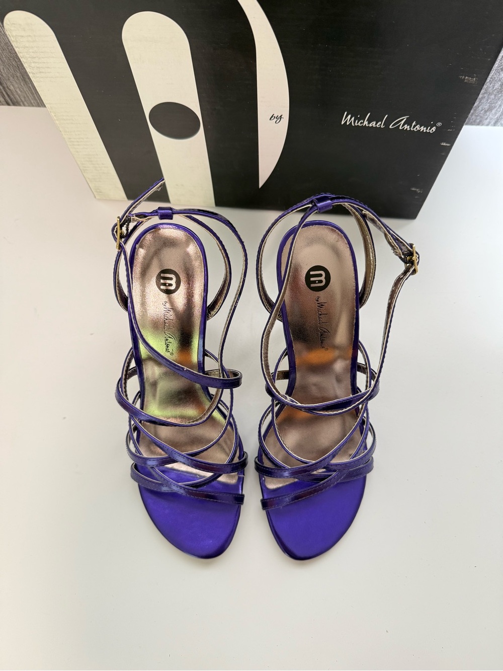 Michael Antonio Purple Metallic Strappy Heels